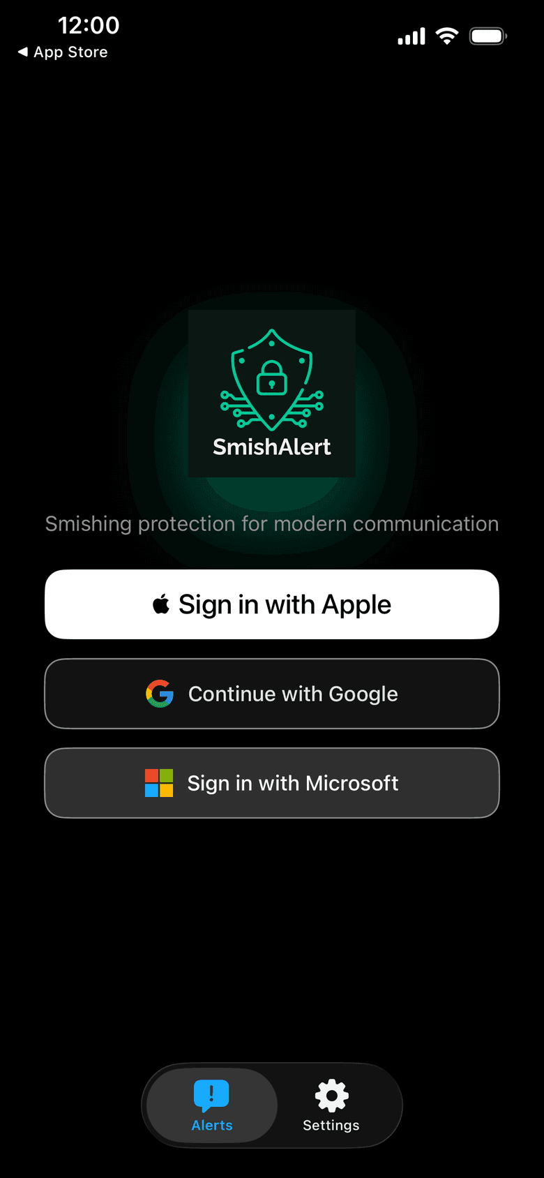 SmishAlert sign-in screen with Sign in with Apple, Continue with Google and Sign in with Microsoft buttons