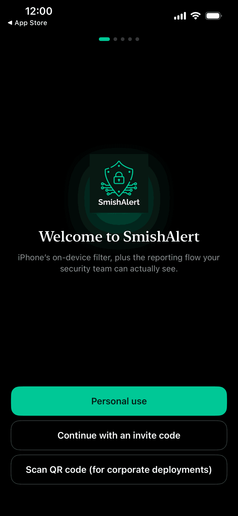 Welcome to SmishAlert screen with the Personal use button highlighted