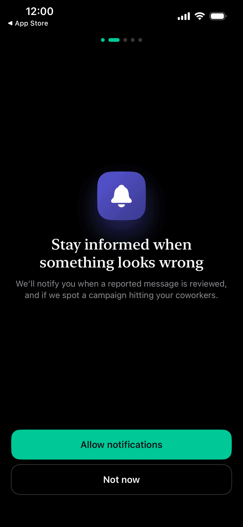 Screen asking to allow notifications, with Allow notifications and Not now buttons