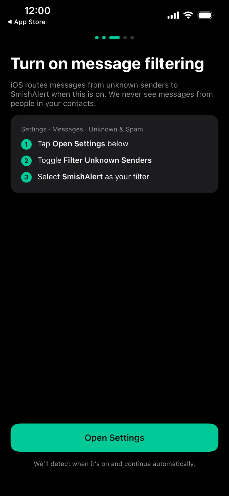 Turn on message filtering screen with an Open Settings button