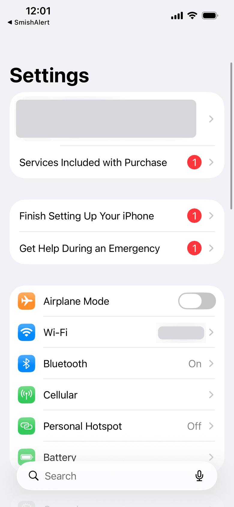 Main iPhone Settings screen with the search bar at the bottom