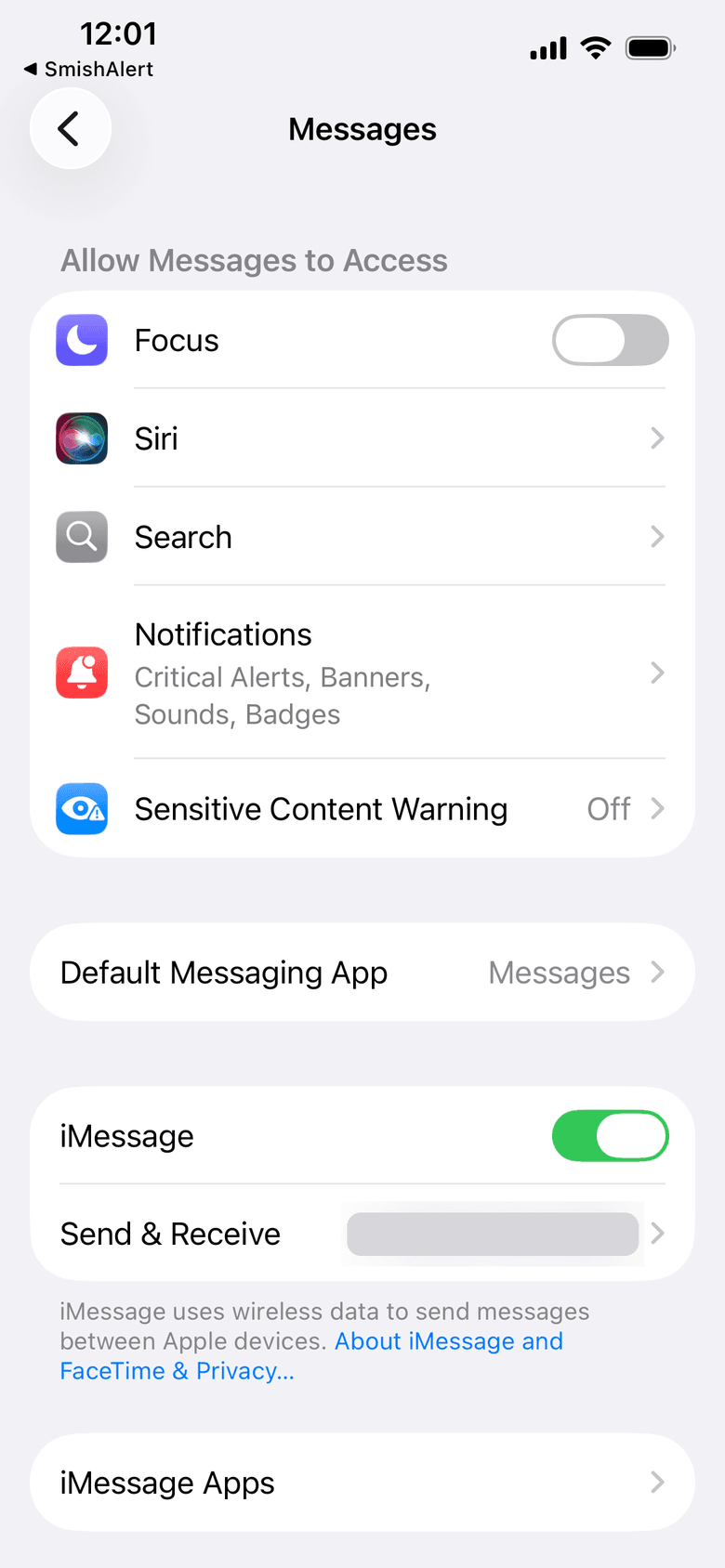 The Messages page in iPhone Settings