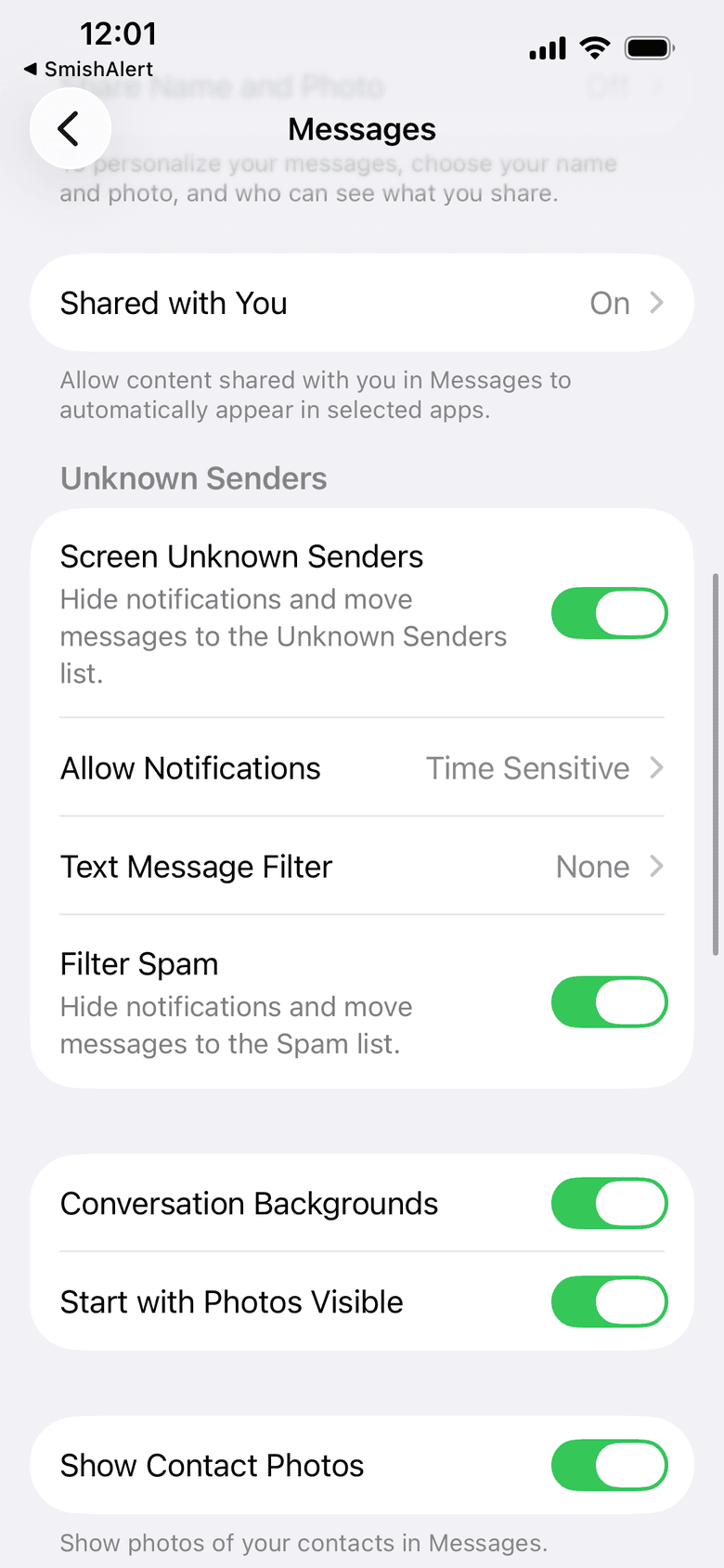 Unknown Senders section of Messages settings showing Screen Unknown Senders turned on and Text Message Filter set to None