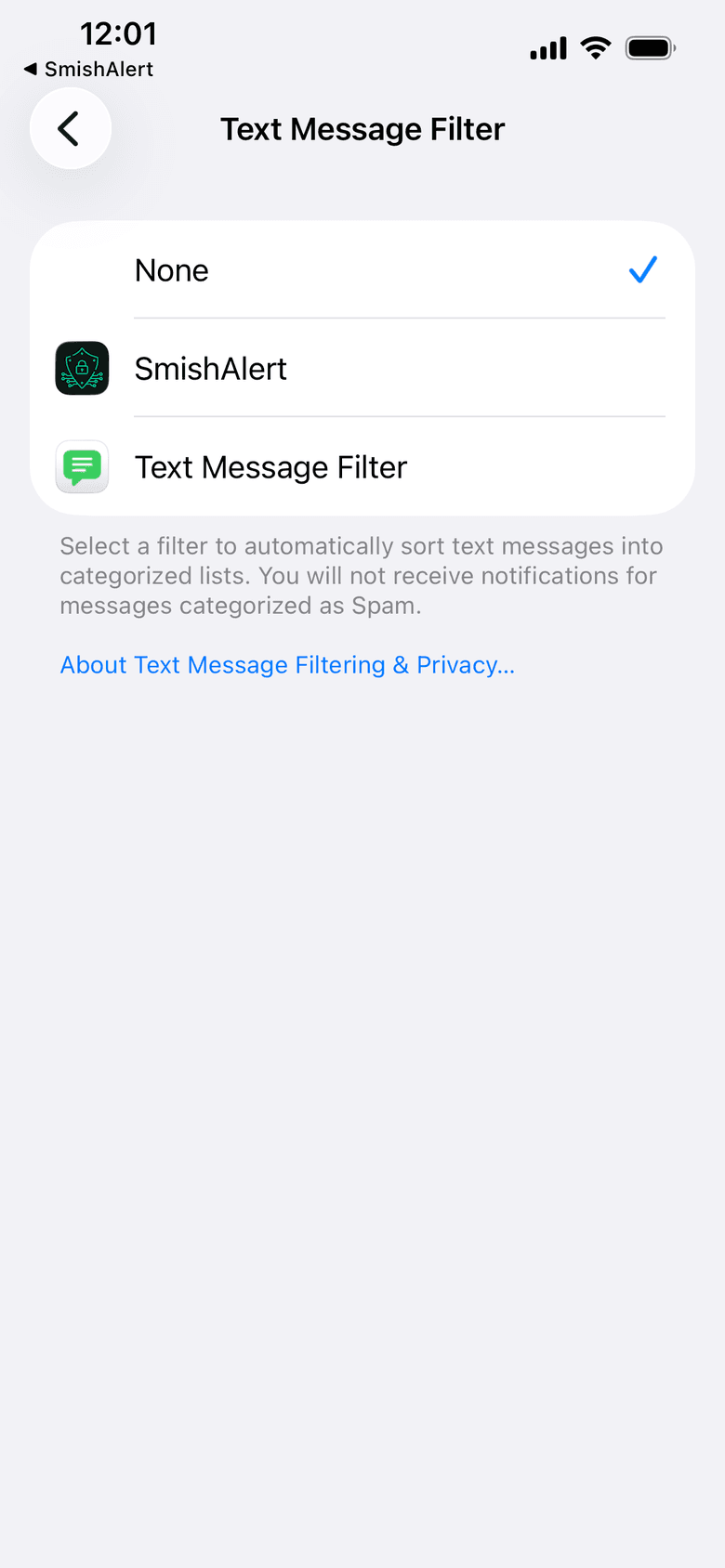 Text Message Filter list showing None, SmishAlert and another filter option