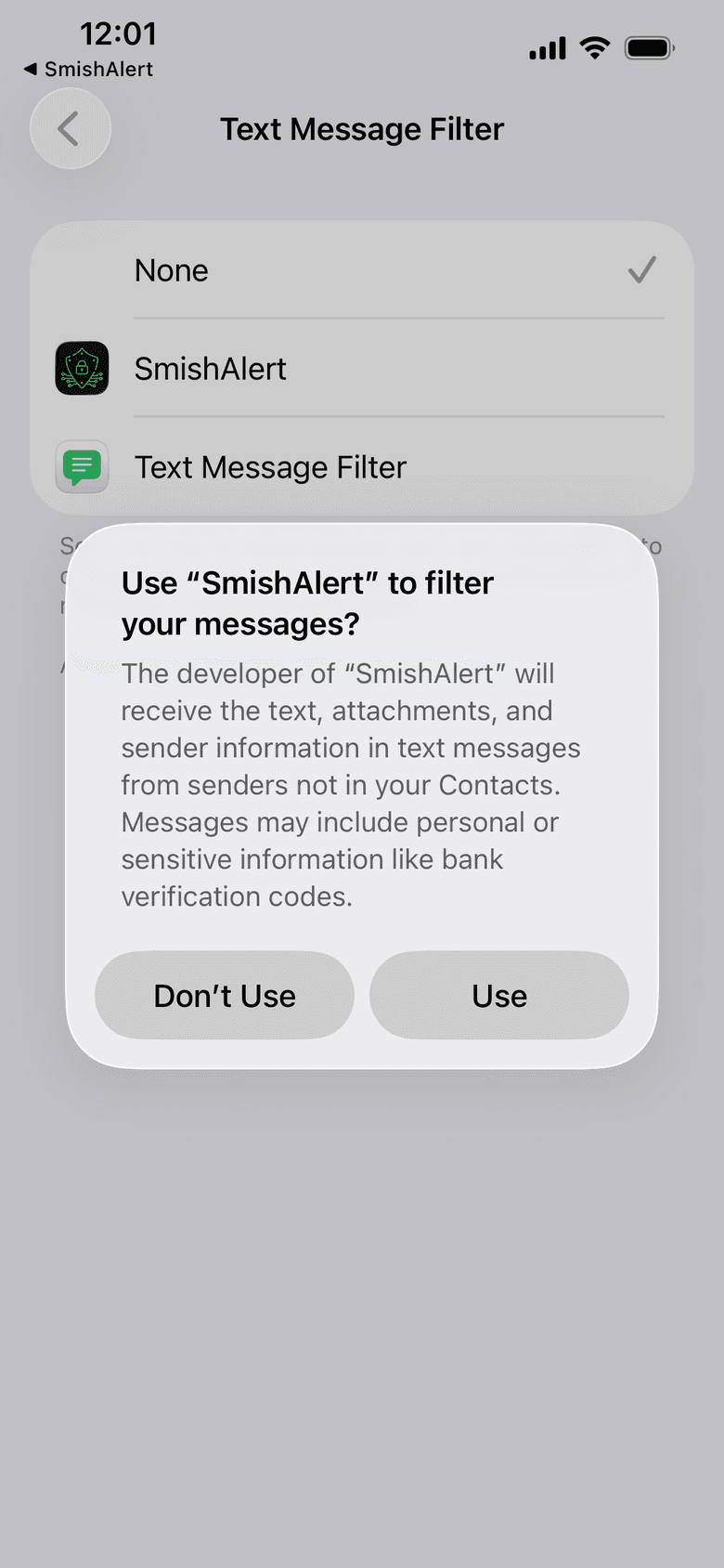iPhone notice asking to use SmishAlert to filter your messages, with Don't Use and Use buttons