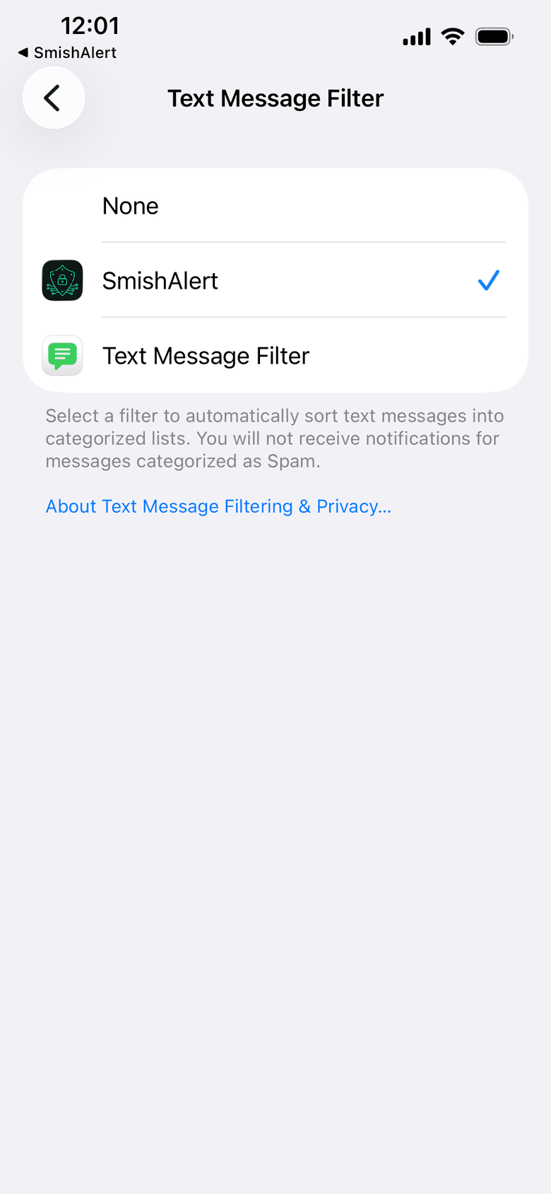 Text Message Filter list with a checkmark next to SmishAlert