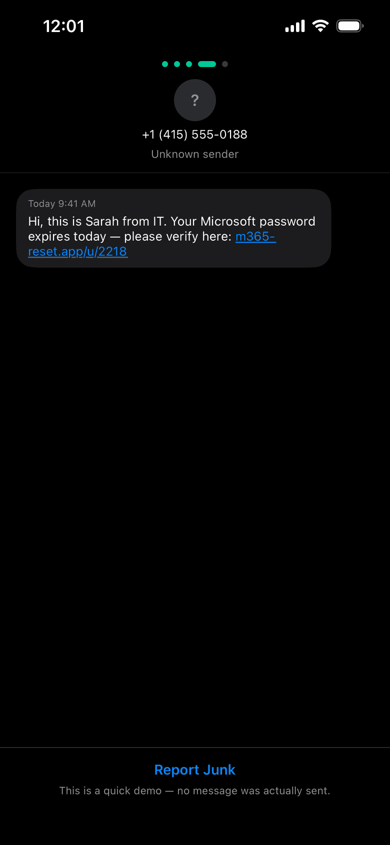 Practice scam text pretending to be IT asking to reset a Microsoft password, with a Report Junk button